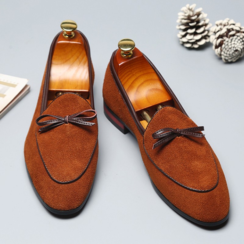 Brown Camel Suede Pointed Head Mini Bow Dapper Man Oxfords Loafers ...
