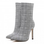 Grey Checkers Plaid Point Head Rider Stiletto High Heels Boots Shoes