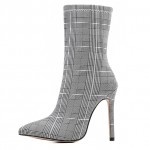 Grey Checkers Plaid Point Head Rider Stiletto High Heels Boots Shoes