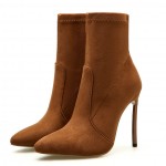 Brown Suede Stretchy Point Head Rider Stiletto High Heels Boots Shoes