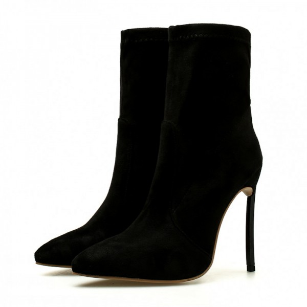 Black Suede Stretchy Point Head Rider Stiletto High Heels Boots Shoes