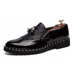 Black Glittering Bling Bling Tassels Glossy Patent Leather Loafers Flats Dress Shoes