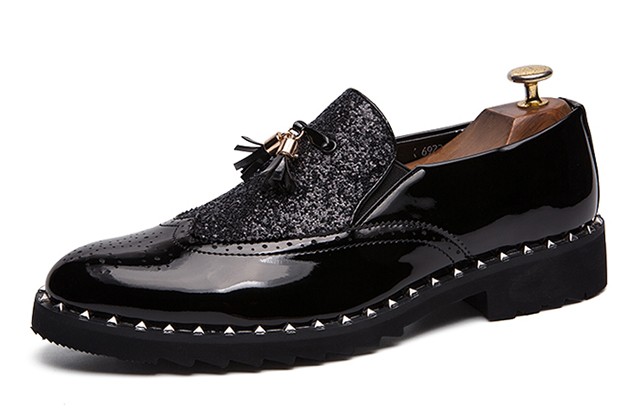 Black Glittering Bling Bling Tassels Glossy Patent Leather Loafers Flats Dress Shoes 2392