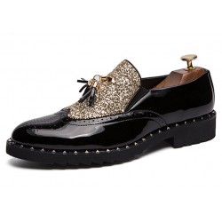 Black Gold Glittering Bling Bling Tassels Glossy Patent Leather Loafers Flats Dress Shoes