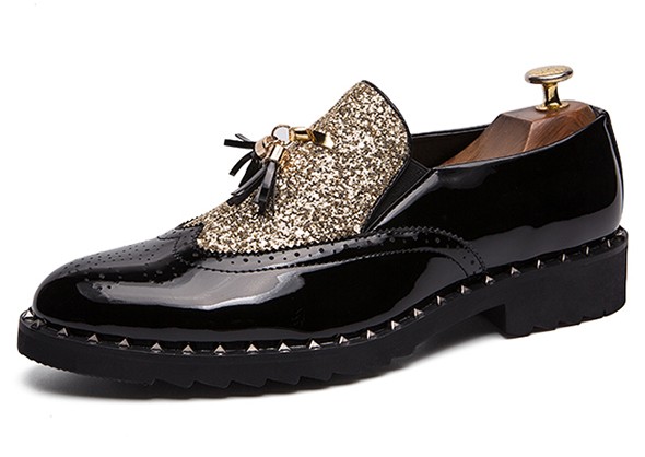 Black Gold Glittering Bling Bling Tassels Glossy Patent Leather Loafers ...