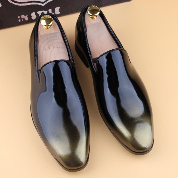 Black Gold Patent Glossy Patent Leather Loafers Flats Dress Dapperman Shoes 1532