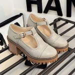 Grey Mary Jane T Strap Cleated Sole Platforms High Chunky Heels Oxfords Shoes