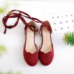 Red Burgundy Suede Scallop Trim Ankle Strap Mary Jane Ballerina Ballet Flats Shoes