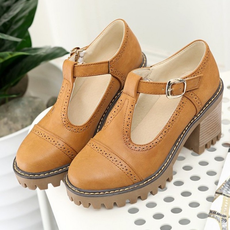 Brown Mary Jane T Strap Cleated Sole Platforms High Chunky