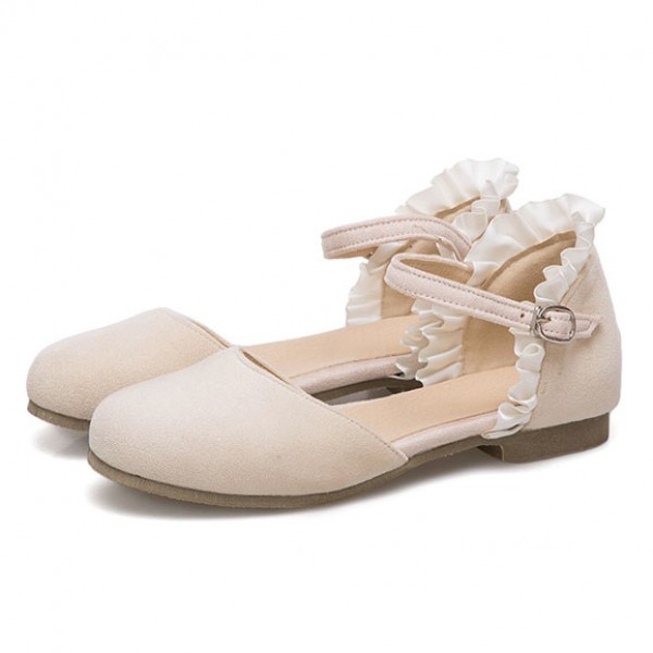 Cream Suede Satin Ruffles Mary Jane Ballerina Ballet Flats Shoes
