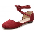 Red Burgundy Suede Scallop Trim Ankle Strap Mary Jane Ballerina Ballet Flats Shoes