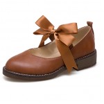 Brown Satin Bow Mary Jane Ballerina Ballet Flats Shoes