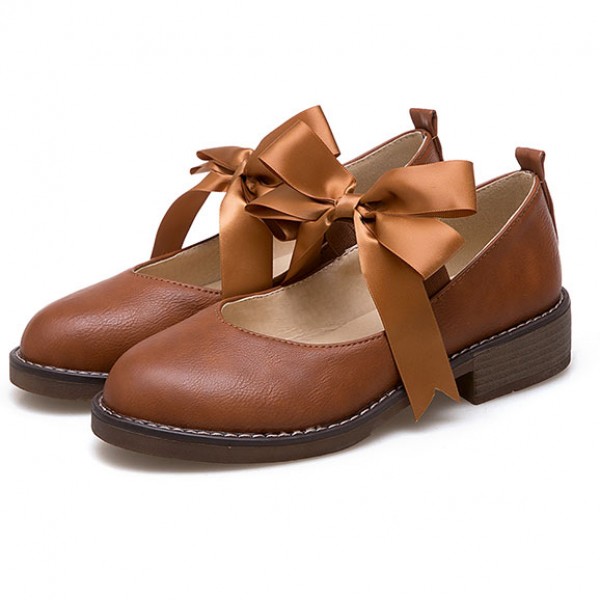 Brown Satin Bow Mary Jane Ballerina Ballet Flats Shoes