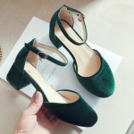 Green Velvet Ballets Mary Jane Ankle Strap Block High Heels Shoes