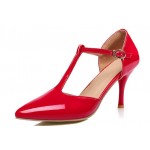 Red Patent T Strap Vinage Pointed Head Mary Jane High Stiletto Heels Shoes
