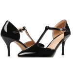 Black Patent T Strap Vinage Pointed Head Mary Jane High Stiletto Heels Shoes