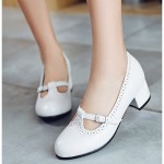 White T Strap Vinage Round Head Mary Jane High Heels Shoes
