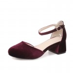 Burgundy Velvet Ballets Mary Jane Ankle Strap Block High Heels Shoes