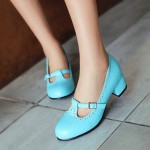 Blue T Strap Vinage Round Head Mary Jane High Heels Shoes
