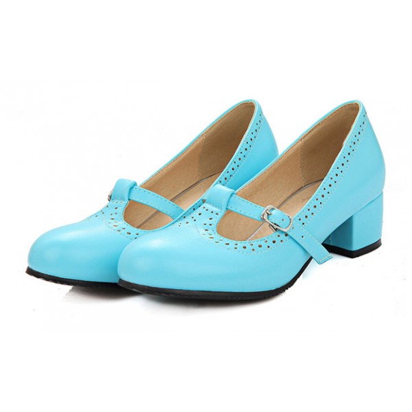 Blue T Strap Vinage Round Head Mary Jane High Heels Shoes