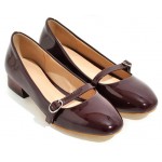 Burgundy Patent Side Buckle Vinage Round Head Mary Jane High Heels Shoes