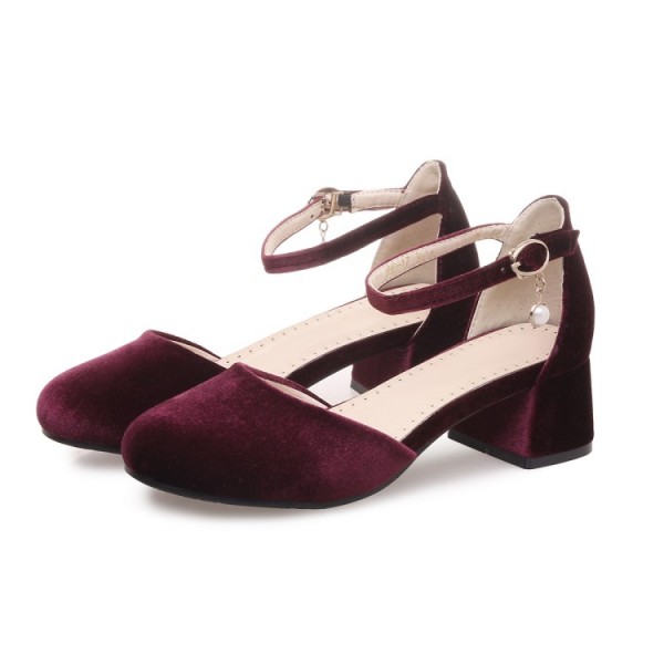 Burgundy Velvet Ballets Mary Jane Ankle Strap Block High Heels Shoes