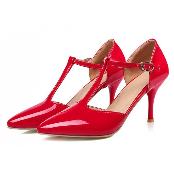 Red Patent T Strap Vinage Pointed Head Mary Jane High Stiletto Heels Shoes