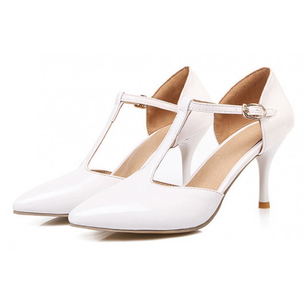 White Patent T Strap Vinage Pointed Head Mary Jane High Stiletto Heels Bridal Shoes