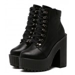 Black Lace Up Punk Rock Chunky Cleated Sole Block High Heels Platforms Boots Shoes