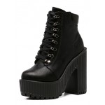 Black Lace Up Punk Rock Chunky Cleated Sole Block High Heels Platforms Boots Shoes
