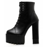 Black Lace Up Rings Chunky Cleated Sole Block High Heels Platforms Boots Shoes