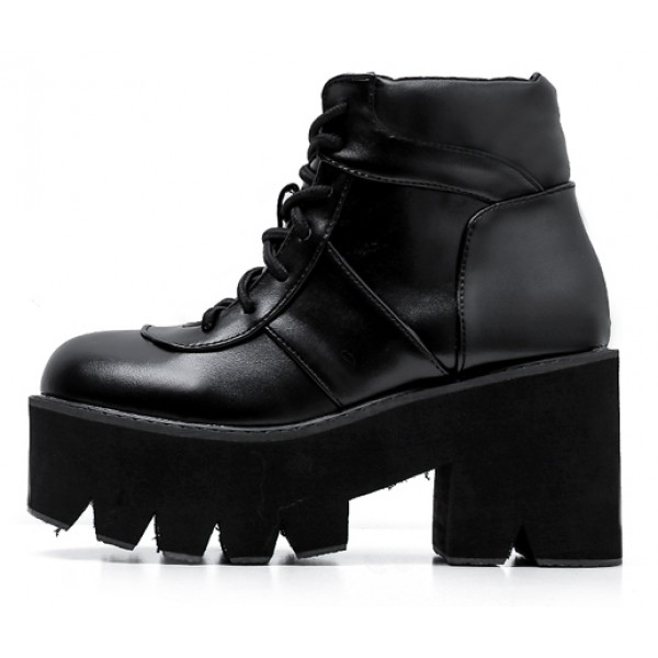 Black Lace Up Buckles Chunky Sole Block Chelsea Ankle Platforms Boots Shoes