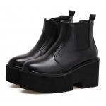 Black Slip On Chunky Sole Block Chelsea Ankle Platforms Boots Shoes