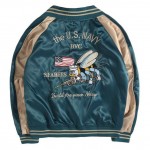 Teal US Navy Satin Embroidery Mens Aviator Baseball Yokosuka Bomber Jacket