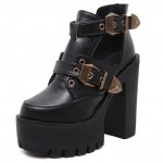 Black Metal Buckle Goth Punk Rock Cut Out Platforms Chunky Heels Sole Boots Shoes