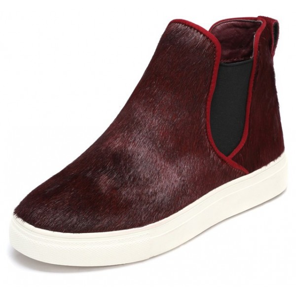 Burgundy Pony Fur High Top Chelsea Ankle Boots Sneakers Shoes