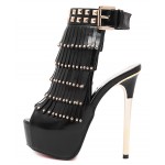 Black Gold Studs Fringes Peeptoe Stiletto High Heels Platforms Ankle Boots Shoes