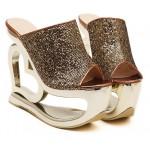 Gold Glitter Bling Bling Platforms Heart Hollow Out Wedges Sandals Bridal Shoes