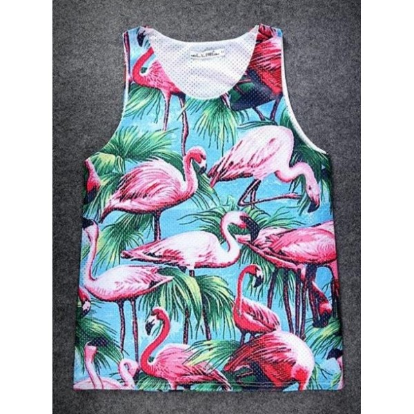 Blue Pink Flamingoes in Forest Net Sleeveless Mens T-shirt Vest Sports Tank Top