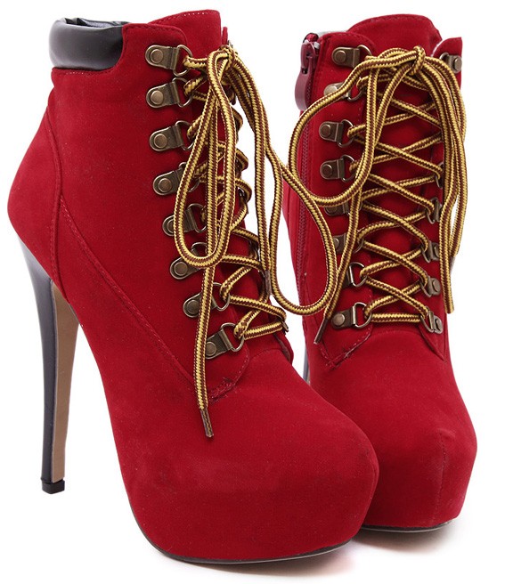 Red Punk Rock Lace Up Stiletto High Heels Platform Rider Boots