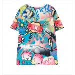 Blue Pink Colorful Cartoon Funky Short Sleeves T Shirt Top