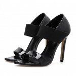 Black Patent Strappy Elastic Band High Heels Stiletto Sandals Shoes