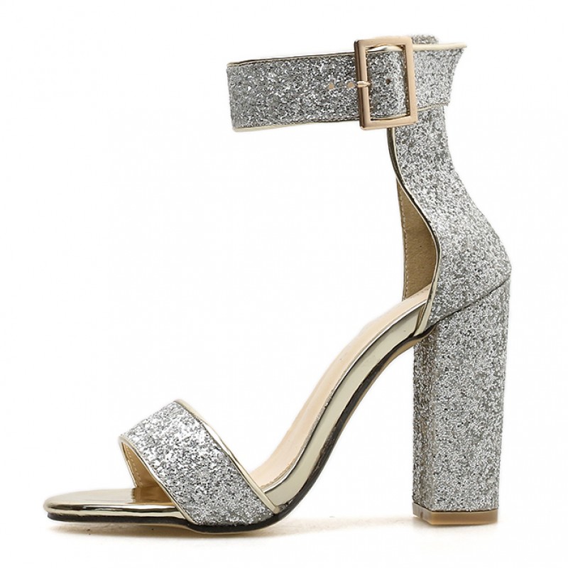 SIlver Glittering Bling Bling Sexy High Block Heels Sandals Shoes