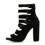 Black Suede Strappy High Block Heels Sandals Shoes