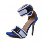 Blue White Funky Strap High Heels Stiletto Sandals Shoes