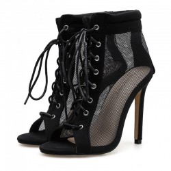 Black Sheer Lace Up Sneakers Boots High Heels Stiletto Sandals Shoes