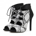 Black White Snake Print Peeptoe Boots High Stiletto Heels Boots Sandals Shoes