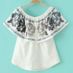White Blue Vintage Ethnic Flowers Embroidery Off Shoulder Top Blouse