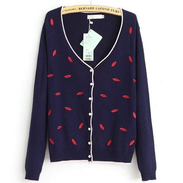 Blue Khaki Black Red Embroidery Hot Lips Long Sleeves Cardigan Outer Jacket