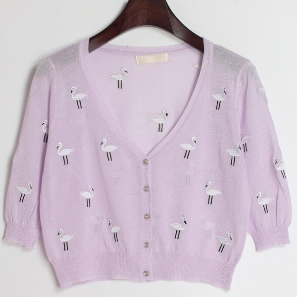 Purple Embroidery Cranes Brids Mid Sleeves Cropped Cardigan Outer Jacket